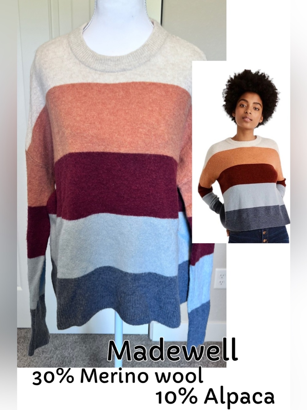 Madewell Crofton Striped Pullover Sweater 30% Merino Wool 10% Alpaca Blend Sz M